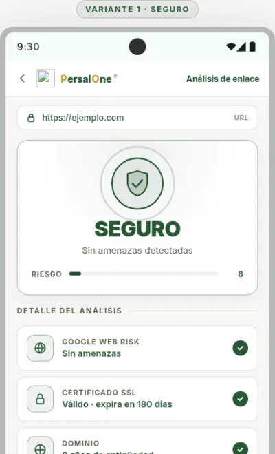 Pantalla de análisis de URL en la app PersalOne