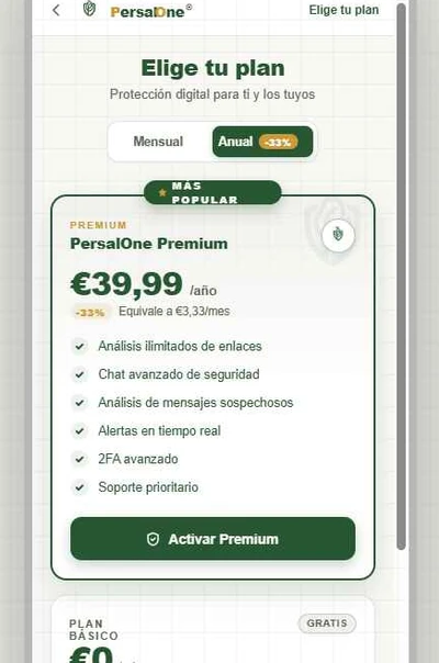 Pantalla de selección de planes en la app PersalOne